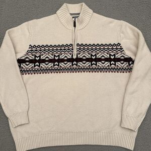 Izod Nordic Sweater Men's 2XL Ivory 1/4 Zip Chunky Knit Pullover Aztec Fair Isle